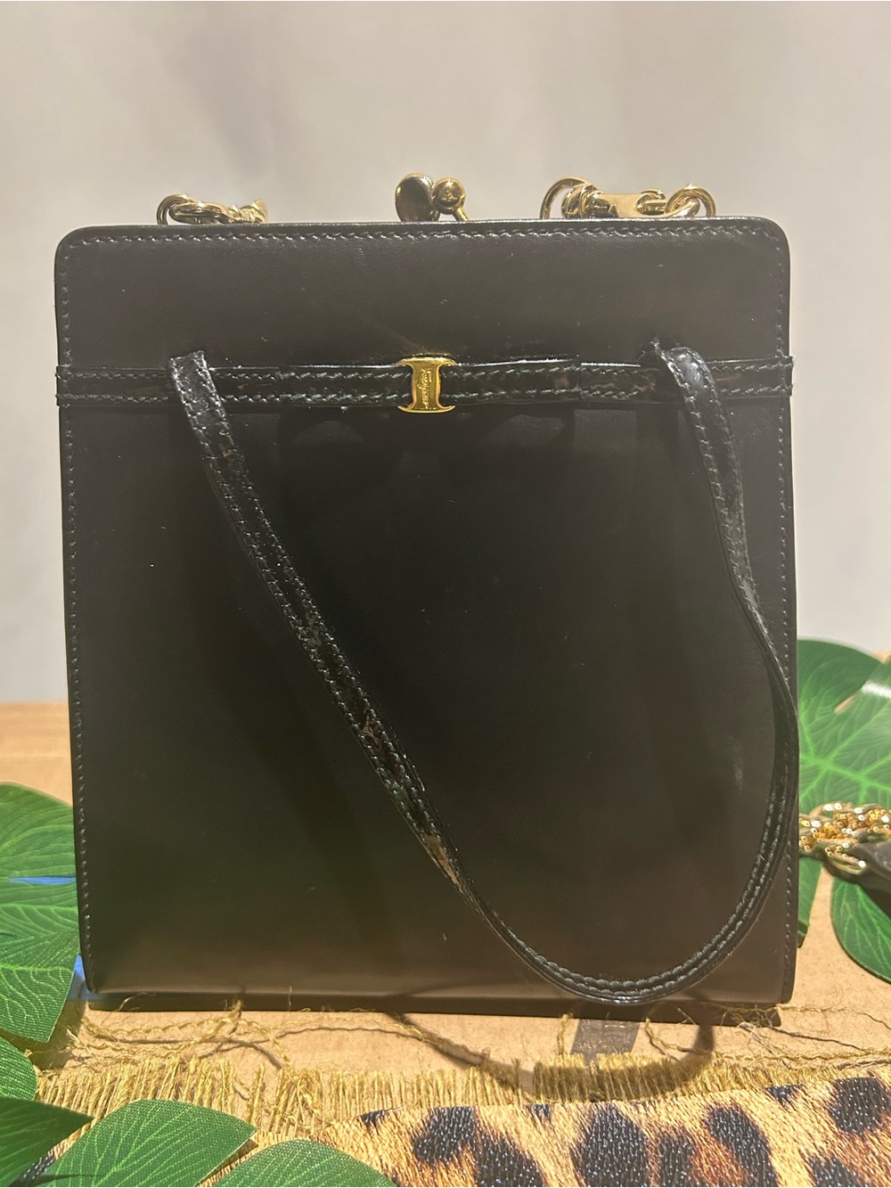 Vintage Salvatore Ferragamo Black Leather Crossbody with Gold Accent